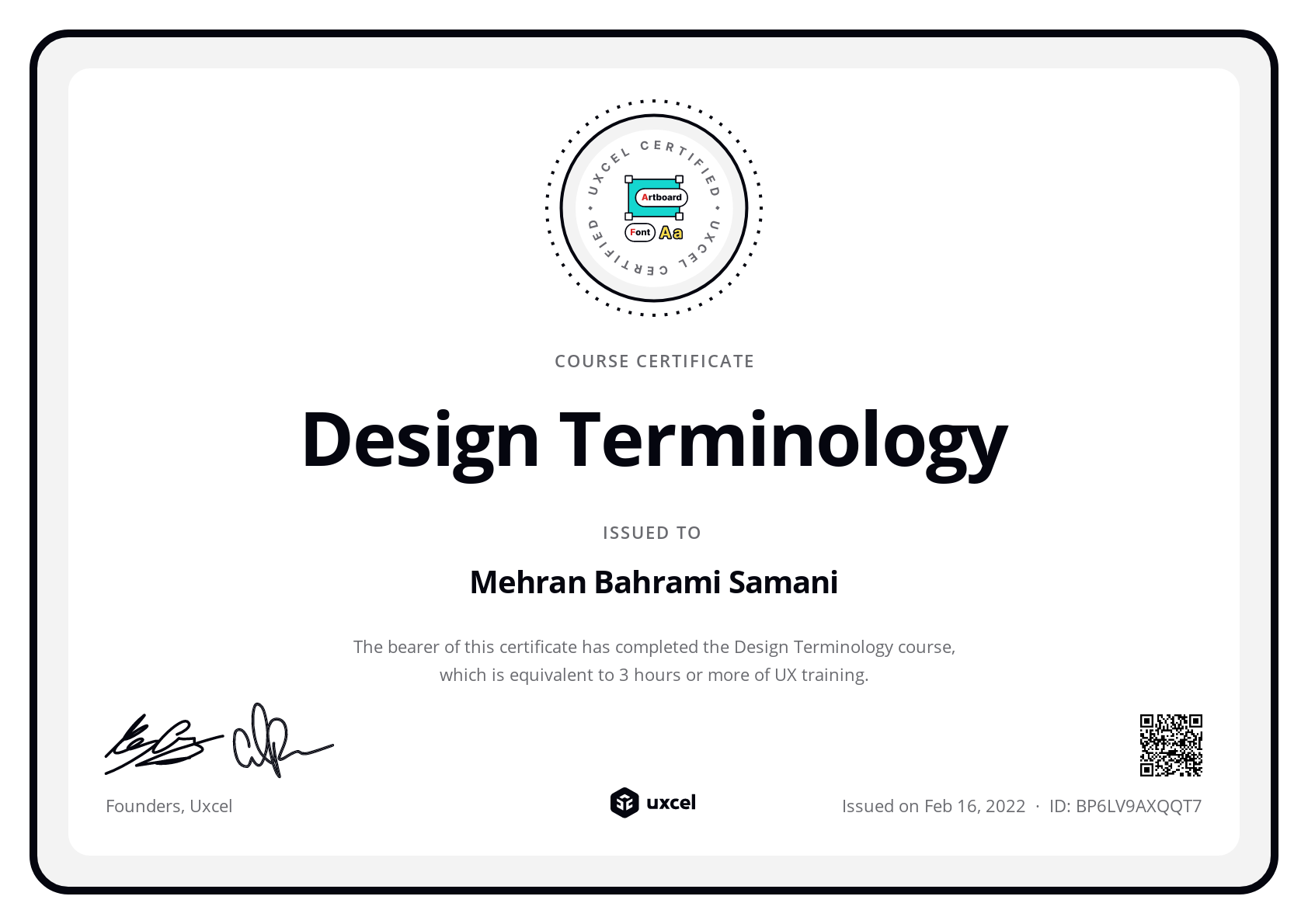 Mehran Samani's certificate